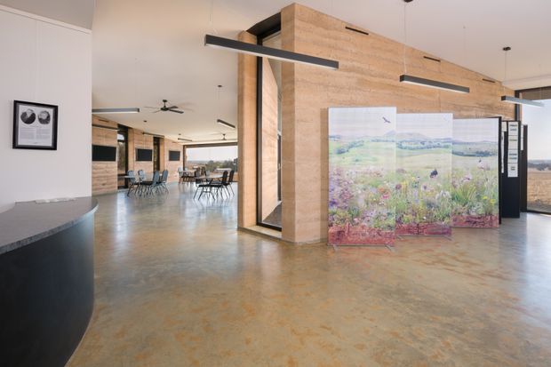 A spacious contemporary interior, likely a gallery, visitor centre, or hospitality venue, with polished concrete flooring, warm tan masonry feature walls, expansive glazing, suspended linear lighting, and black built-in counters. Dining tables and chairs are visible in the open-plan area, while a large landscape artwork forms a central feature. The room has strong views across an open rural landscape.