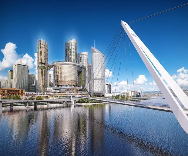 A bright architectural rendering of a modern waterfront urban precinct, featuring a cable-stayed pedestrian bridge in the foreground, reflective water, and a cluster of high-rise and mid-rise contemporary buildings beneath a clear blue sky.