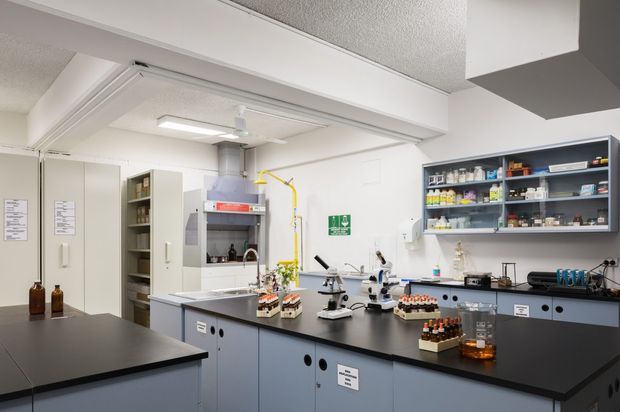 Bright, functional laboratory workspace with extensive fixed dark benchtops, blue-grey base cabinetry, wall-mounted open shelving stocked with laboratory supplies, microscopes and chemical bottles. The room has white walls and ceiling, exposed services, fluorescent-style lighting, and a clean institutional fit-out.