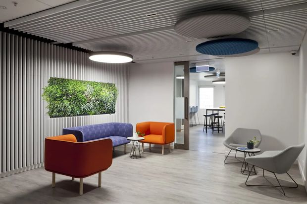 A contemporary commercial office lounge and breakout area with colourful upholstered seating, small round coffee tables, a grey wood-look floor, and a large preserved or artificial green wall panel. The space features a vertically ribbed dark feature wall, a linear slatted ceiling with oversized circular acoustic panels, pendant-style round lights, and glazing/open access to a collaborative work area with high stools and tables beyond.