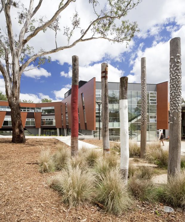 Exterior view of a contemporary multi-storey institutional or commercial building set within a landscaped courtyard. The facade combines reddish-brown cladding or masonry panels with extensive floor-to-ceiling glazing and visible internal stairs. Tall weathered timber or sculptural poles, some painted in contrasting bands, stand among native grasses and mulch, with a mature eucalyptus tree framing the scene.