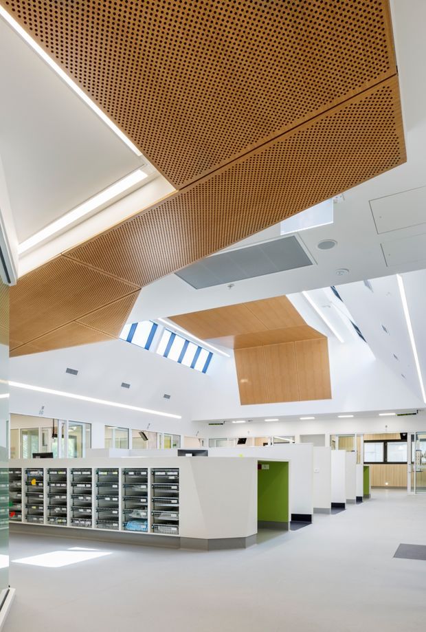 Bright, contemporary institutional interior with a large open-plan workspace or clinical facility. White partitioned workstations and extensive fixed shelving occupy the ground level, while dramatic perforated timber acoustic ceiling panels, timber-lined ceiling volumes, clerestory glazing, skylights, and linear recessed lighting define the architecture. The space has a clean, highly functional, airy appearance with lime-green accent niches and pale flooring.