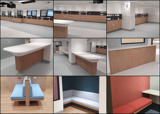 A collage of images showing a contemporary educational or commercial interior fit-out. The main spaces feature long timber-clad cabinetry and reception or service counters with white solid-surface benchtops, light grey flooring, white walls, black display or equipment panels, and suspended linear lighting. Additional views show built-in booth seating and waiting areas upholstered in blue and red against contrasting wall finishes.