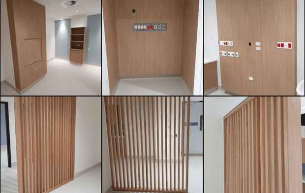 Collage of interior architectural details in a clean clinical or commercial fit-out, showing light timber wall panelling, concealed doors, service outlets, cabinetry, and vertical timber screening battens. The spaces have white walls, pale flooring, recessed ceiling services, and a restrained contemporary design.
