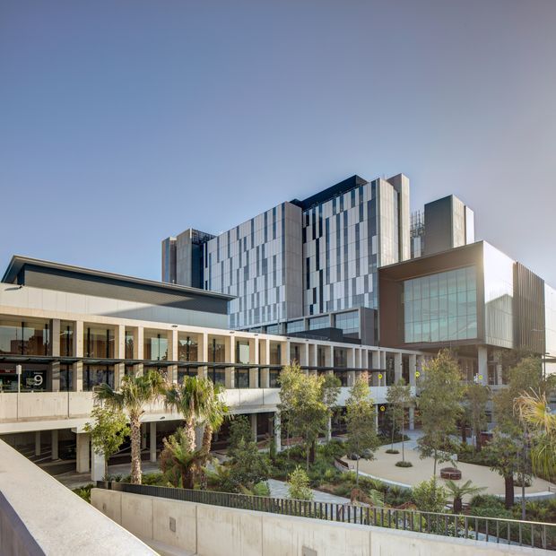 Wide exterior view of a large contemporary multi-storey institutional or commercial complex. The building features rectilinear volumes, extensive glazed curtain walls, vertically patterned metal or panel cladding, projecting roof canopies, and landscaped courtyards with palms and other planting. The image is photographed from an elevated terrace or walkway in clear daylight.