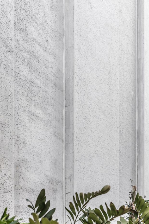 Close-up architectural detail of tall pale grey concrete or stone wall panels with visible speckling, subtle veining, vertical seams, and recessed joint lines. Green foliage partially frames the lower edge, creating a minimalist, monochromatic composition focused on the textured wall surface.