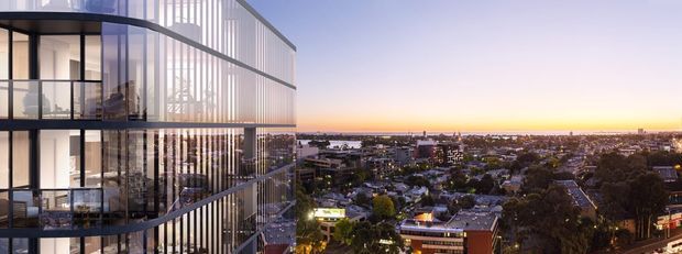 Architectural visualization of a contemporary multi-storey glass building with curved floor plates and vertical fins, overlooking a dense suburban or urban landscape at sunset. The transparent facade reveals softly lit interior spaces, while the overall composition emphasizes the building exterior and elevated city outlook.