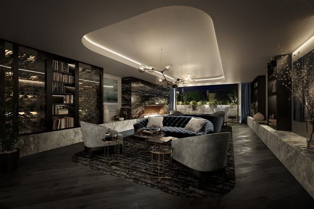 A sophisticated, moody living room with dark timber flooring, dramatic marble-look wall surfaces, extensive black built-in shelving, and a large sculptural recessed ceiling feature with concealed lighting. A dark velvet sectional sofa and curved upholstered lounge chairs surround layered round coffee tables on a textured rug. Floor-to-ceiling glazing and an outdoor view appear at the rear, while decorative lighting and styling create a luxurious contemporary atmosphere.