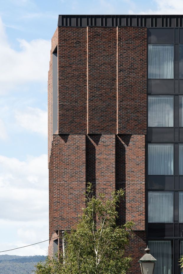 Vertical exterior view of a multi-storey building, focused on a dark red brick facade with projecting vertical piers and recessed openings. A contrasting black metal-framed glazed section with curtains occupies the right side, topped by a dark parapet or roof edge. Trees, a street lamp, distant hills, and sky are visible around the building.