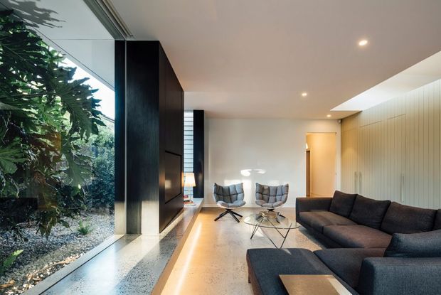 Contemporary living room with a dark sectional sofa, two lounge chairs, glass coffee table, terrazzo-style flooring, extensive floor-to-ceiling glazing, dark timber-toned built-in joinery, and a vertical-panel feature wall. A planted garden is visible beyond the glazing, and a linear skylight or clerestory opening brings in additional daylight.