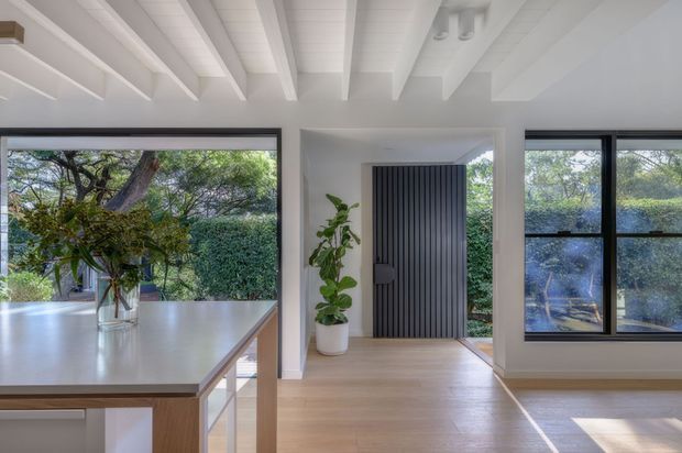 Bright contemporary interior showing an open-plan kitchen and entry area. A light timber kitchen island with a pale benchtop occupies the foreground, while a tall dark vertical-panel entry door, large black-framed windows, white walls, and exposed white ceiling beams define the space. Timber flooring and indoor planting add warmth, with leafy garden views visible through the glazing.