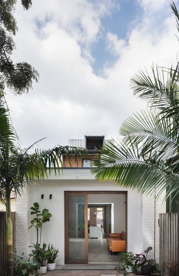 A contemporary two-storey residential facade viewed through lush tropical palms. The white-painted masonry exterior has a flat roof, a broad upper-level balcony or terrace with dark metal screening, and a large timber-framed glazed sliding door opening into a bright interior. Potted plants and a timber fence frame the entry courtyard.