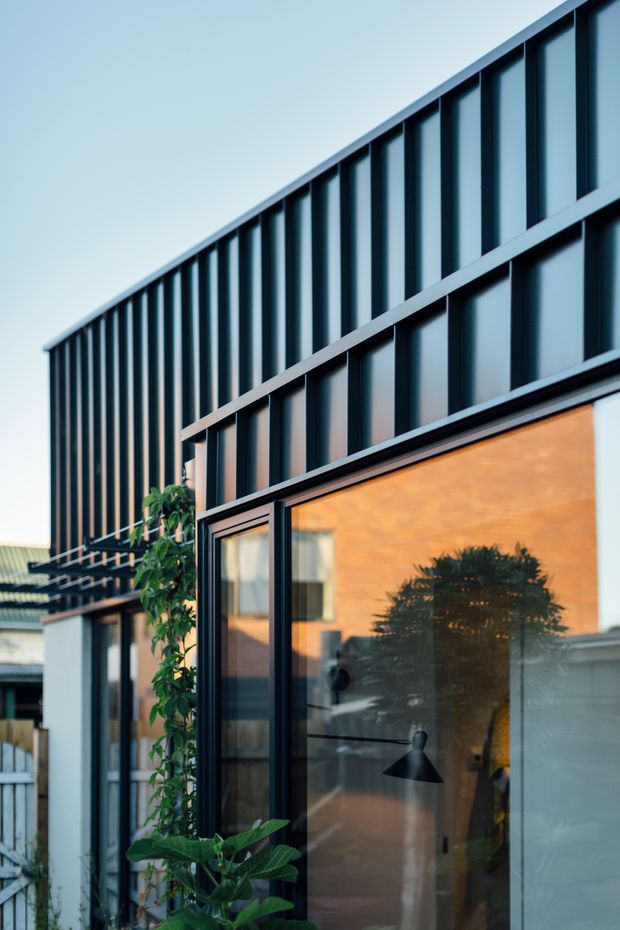 Close-up exterior view of a contemporary building extension with dark vertical metal cladding, strong horizontal framing, and large black-framed glazed openings. Warm interior light and timber-toned surfaces are visible through the glazing, with climbing and leafy planting beside the facade.
