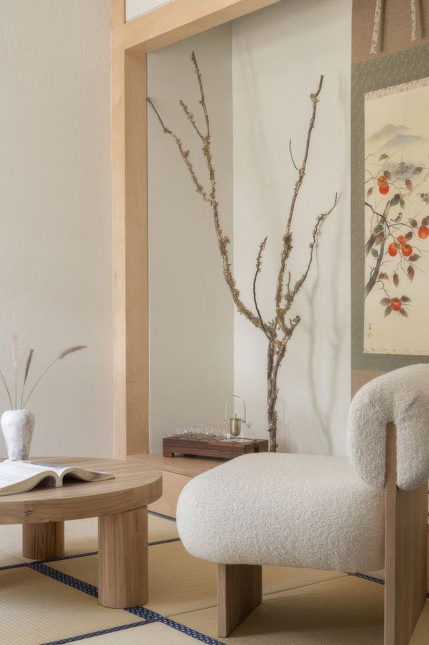 A softly lit, serene interior vignette featuring a sculptural cream boucle armchair with light timber supports, a rounded timber coffee table, and a recessed timber-framed wall niche. A tall bare branch arrangement stands in front of the niche, while a small low timber console holds glassware. The floor is covered with pale tatami-style panels edged in dark trim, and a botanical artwork adds muted colour on the right wall. The overall composition has warm natural materials and Japanese-inspired simplicity.
