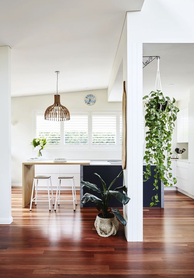 Bright, open-plan kitchen viewed from an adjoining interior space, with white cabinetry, a dark navy island, timber flooring, plantation shutters, timber stools, and a woven pendant light. A hanging indoor plant and potted foliage add natural greenery, while a wide opening and partial dividing wall create visual connection between spaces.