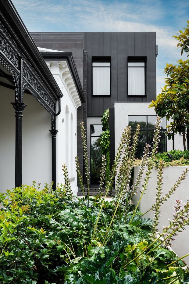 A landscaped courtyard between an ornate heritage-style facade and a contemporary multi-storey addition. The foreground is densely planted with lush greenery, while the left building features black decorative cast-iron columns, intricate lacework and white rendered detailing. Behind it, the newer structure has dark charcoal cladding, large black-framed windows and a crisp white rendered lower volume.