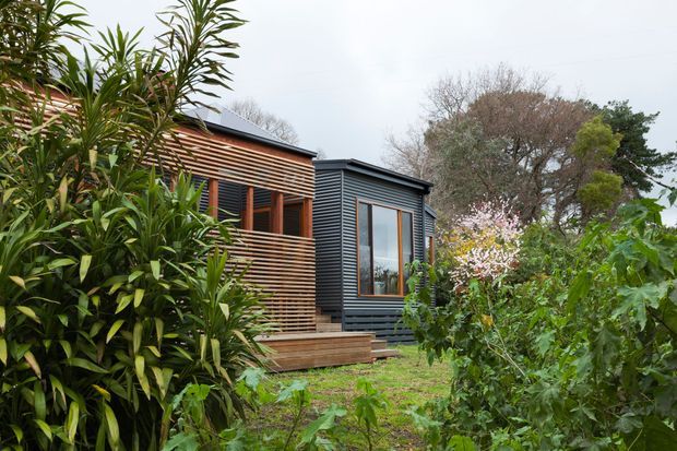 Exterior view of a compact contemporary dwelling set within dense garden planting. The building combines dark horizontal cladding with a warm timber slatted facade, large timber-framed windows, and a small timber deck or step platform. The low, angular roofline and modular-looking form are visible through the vegetation.