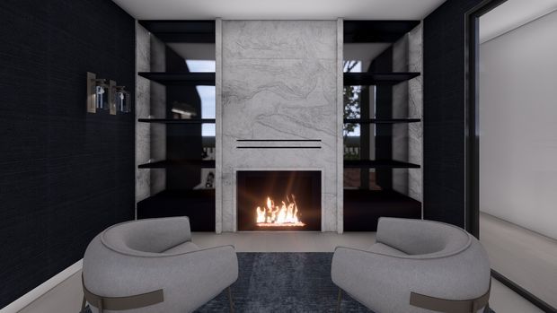 A refined contemporary living room centred on a linear fireplace with a pale textured stone surround. Dark textured walls and full-height black shelving create a dramatic backdrop, while two curved upholstered lounge chairs face the fire across a dark rug. Glazing and a bright adjoining space are visible to the right.