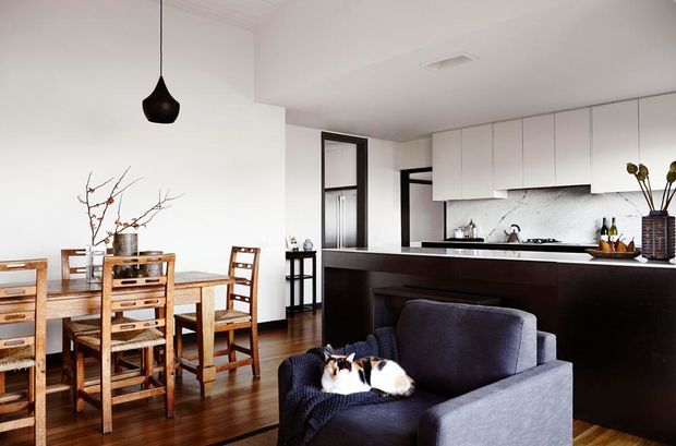 Open-plan contemporary interior combining a dining area, kitchen and living space. The room features white walls and ceiling, dark timber flooring, a natural timber dining table with matching chairs, a streamlined white kitchen with marble-look splashback and dark island cabinetry, and a deep blue-grey armchair with a cat. A black pendant light and simple decorative branches add restrained accents.