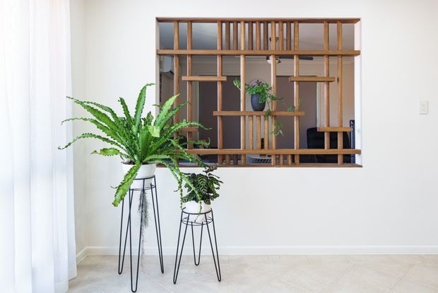 Bright interior view featuring a large timber-framed internal glazed partition or decorative screen with vertical slats, opening onto a partially visible adjoining room. Two tall black metal plant stands with lush green plants sit in front of the screen. The room has white walls, sheer white curtains, pale flooring, and a clean contemporary appearance.