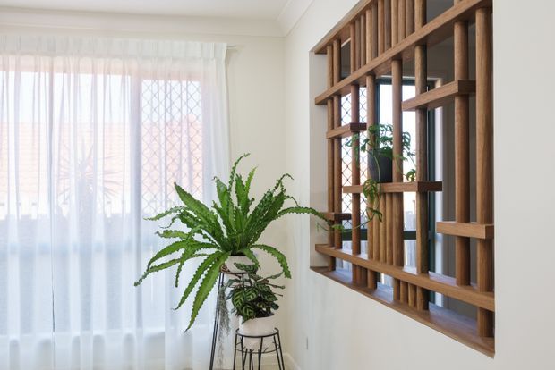 Bright interior featuring a large timber geometric screen partition or decorative window grille with open rectangular sections, overlooking diamond-patterned glazing. A sheer white-curtained window fills the left side, while lush potted ferns and trailing plants add a natural accent. The space has white walls, a white ceiling with simple cornice detailing, and warm brown timber joinery.