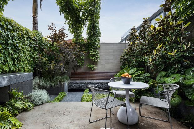 A lush, contemporary courtyard garden with a compact concrete-paved outdoor dining area in the foreground. A round white pedestal table with two wire-frame chairs sits among dense tropical and subtropical planting, including broad-leaved foliage, palms, climbers and layered greenery. Behind it is a dark stone or tiled raised garden structure with a built-in timber bench, dark gravel and a pale rendered masonry privacy wall. The space feels private, refined and tranquil, with a modern urban residential building partially visible beyond the wall.