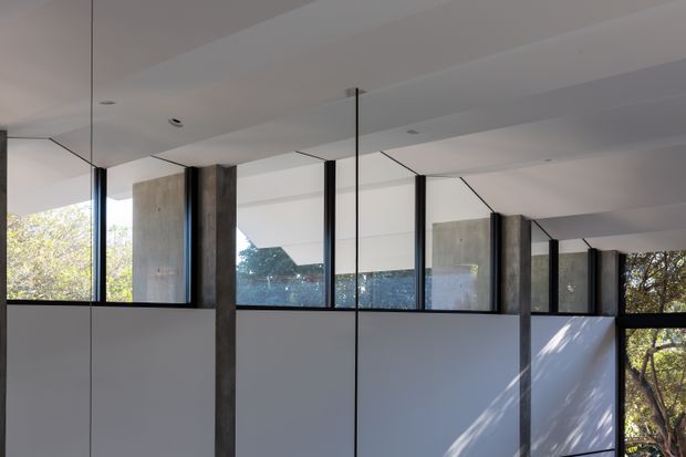 Interior architectural view of a modern workspace or open-plan interior, featuring exposed concrete structural columns, extensive floor-to-ceiling glazing, white partition walls, and a clean white ceiling. The glazing reflects and reveals surrounding trees, while sunlight creates patterned shadows across the interior partitions.