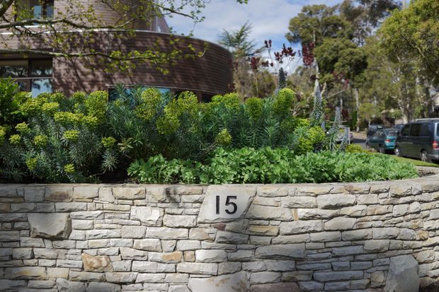 Street-facing landscaped frontage of a contemporary building, with dense layered planting behind a low dry-stacked stone retaining wall bearing the number 15. A curved timber-clad building facade and glazing are partially visible in the background, with a residential street beyond.
