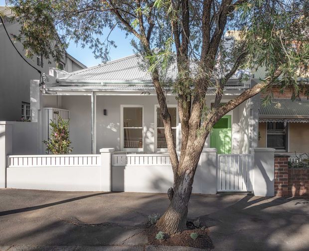 Street-facing exterior view of a compact single-storey residence with a light grey rendered facade, corrugated metal pitched roof, front verandah, low rendered boundary wall, metal gate, and mature street tree partially obscuring the house. A neighbouring brick facade and adjacent buildings are visible at the edges.