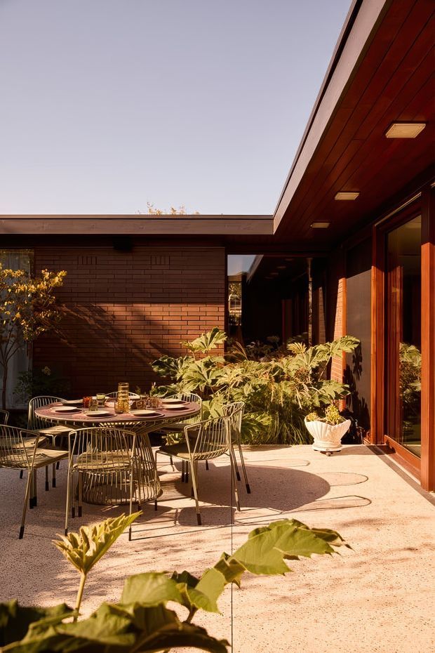 Sunlit courtyard patio adjoining a low-slung brick house, with a timber-lined soffit and recessed lights, full-height timber-framed glazing, abundant tropical planting, and a round outdoor dining table with wire-frame chairs on a pale textured paved surface. The composition focuses on the outdoor living area and its connection to the building.
