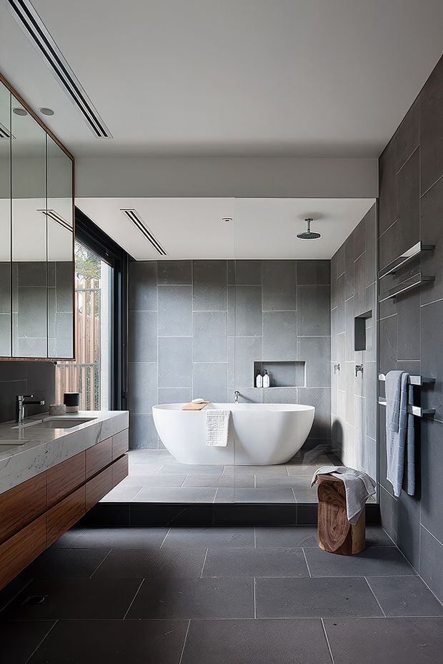 Contemporary bathroom featuring a freestanding white oval bathtub on a raised tiled platform, large-format dark grey wall and floor tiles, a wall-mounted shower, timber vanity cabinetry with a pale stone benchtop, mirrored storage, and dark-framed glazing. The space has a clean, refined, minimalist aesthetic with strong contrast between the white sanitaryware and charcoal surfaces.
