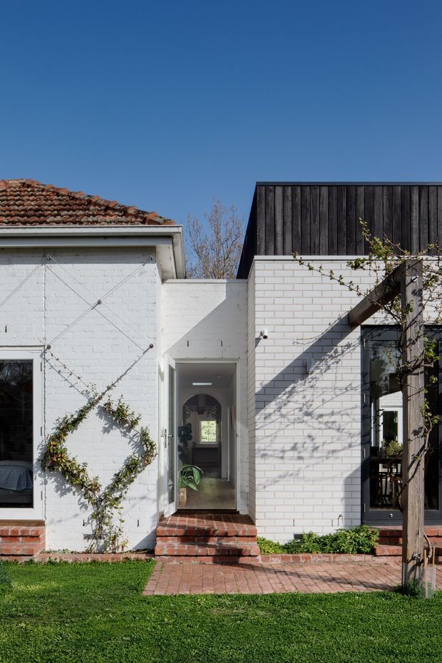 Exterior view of a renovated residential dwelling combining an older white-painted brick section with a terracotta tiled roof and a newer white brick addition. A narrow recessed entry connects the sections, with red brick steps and paving leading through a landscaped lawn. The addition has dark vertical timber cladding above the white brickwork and a large glazed opening framed in dark timber or metal. Clear blue sky and climbing vegetation are visible.