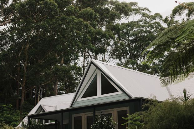 Exterior view of a contemporary house set among dense mature trees and landscaping. The home features a steeply pitched white gable roof, prominent triangular upper-level glazing, dark wall cladding, and a projecting covered entry or carport-like canopy.