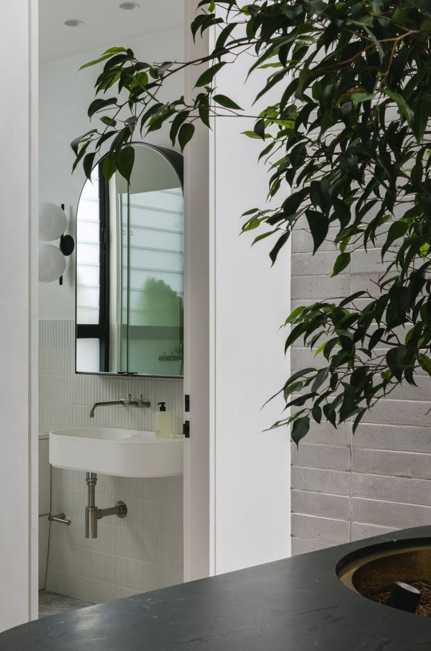 A refined bathroom viewed through a doorway, featuring a wall-mounted white basin with exposed brushed-metal plumbing, pale vertically textured wall tiles, a tall arched mirror, and minimalist globe wall lighting. A large leafy indoor tree partially screens the room, while a dark stone or composite counter with a round vessel opening occupies the foreground. White walls and a grey block feature wall create a clean, contemporary interior.