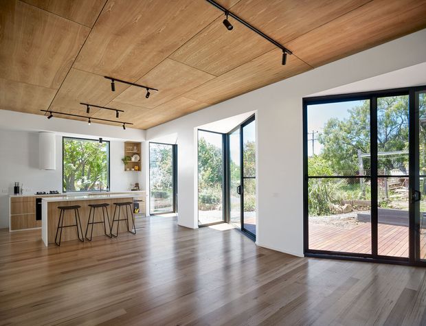 Bright open-plan kitchen and living area with extensive black-framed glazing and doors opening to a timber deck and leafy outdoor setting. The room features a warm timber-lined ceiling with exposed panel joints, integrated black track lighting, light timber flooring, white walls, and a compact kitchen island with timber cabinetry and a pale benchtop. The space is airy, contemporary, and strongly connected to the outdoors.
