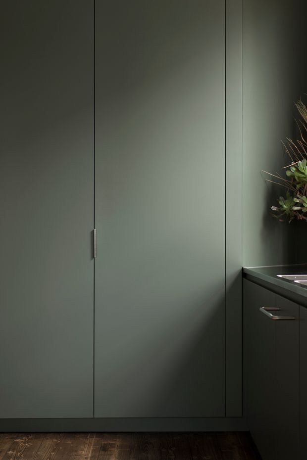 A dark, moody close-up of a minimalist built-in storage wall and adjacent cabinetry. The cabinetry is finished in a muted sage-grey green with very slim vertical reveals and a small understated pull. At right, a dark benchtop with an undermount sink and brushed metal handle is partially visible, alongside a decorative plant arrangement. The room has dark timber flooring and low-contrast, refined detailing.