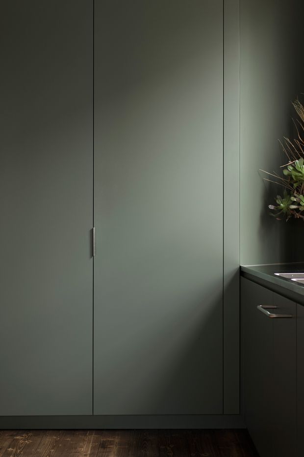 A moody close-up of dark sage-green built-in cabinetry with tall flush doors and subtle vertical seams. A dark benchtop and partial sink area appear at right, with brushed metal handles and a small plant arrangement. The cabinetry is set against a dark timber floor, creating a refined, low-lit interior vignette.