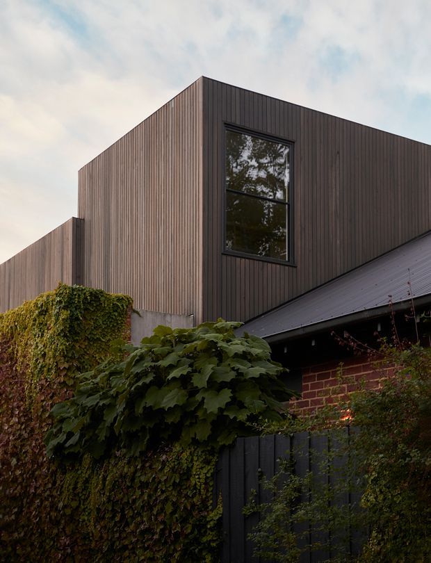 Exterior architectural photograph of a modern, box-like upper-storey extension clad in dark vertical timber boards, with a tall black-framed window. A lower pitched-roof structure with dark metal roofing and exposed red brick sits beneath, surrounded by dense climbing greenery and garden planting.