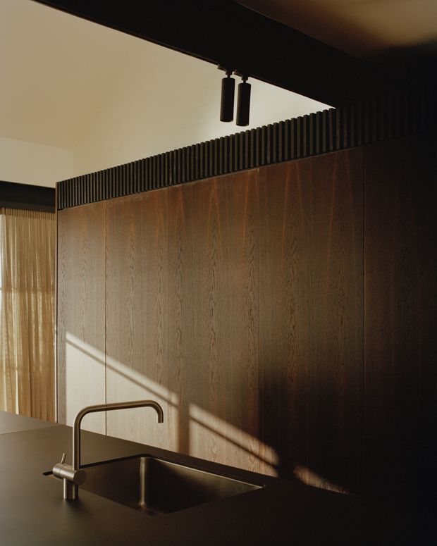Close-up architectural interior view of a dark, refined kitchen. A deep timber-toned full-height wall of fixed cabinetry is topped with a black vertical fluted screen, while a dark stone-like benchtop includes an undermount stainless-steel sink and curved brushed-metal tap. Warm sunlight casts strong diagonal shadows across the cabinetry, with concealed track lighting and sheer curtains visible at the side.
