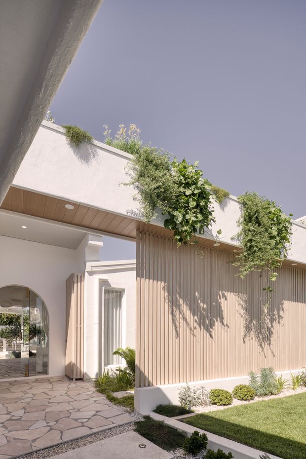 Sunlit view of a refined residential courtyard and facade, featuring white rendered walls, a flat roof with lush planted edges, warm vertical timber screening, a timber-lined soffit, arched openings, and irregular natural stone paving. The composition emphasizes the landscaped outdoor entry and contemporary Mediterranean-influenced architecture.