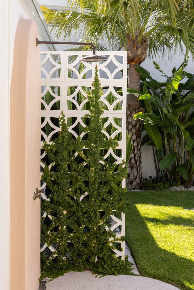 A bright outdoor garden shower set against a pale rendered wall, with a dark metal wall-mounted shower arm and round showerhead. A white decorative breeze-block privacy screen supports dense climbing greenery, while tropical palms and broad-leaf planting surround a neatly maintained lawn and pale paved floor.