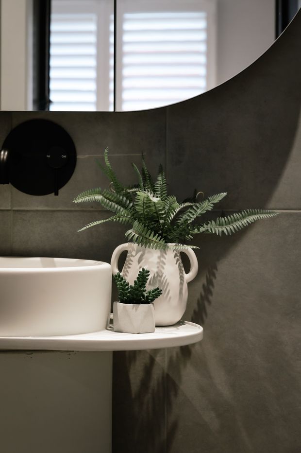 Close-up view of a contemporary bathroom vanity with a white vessel basin, dark grey tiled wall, black circular wall-mounted fixture, and a curved wall mirror. A white ceramic jug filled with fern foliage and a small potted succulent add natural greenery, while strong daylight creates shadows across the surfaces.