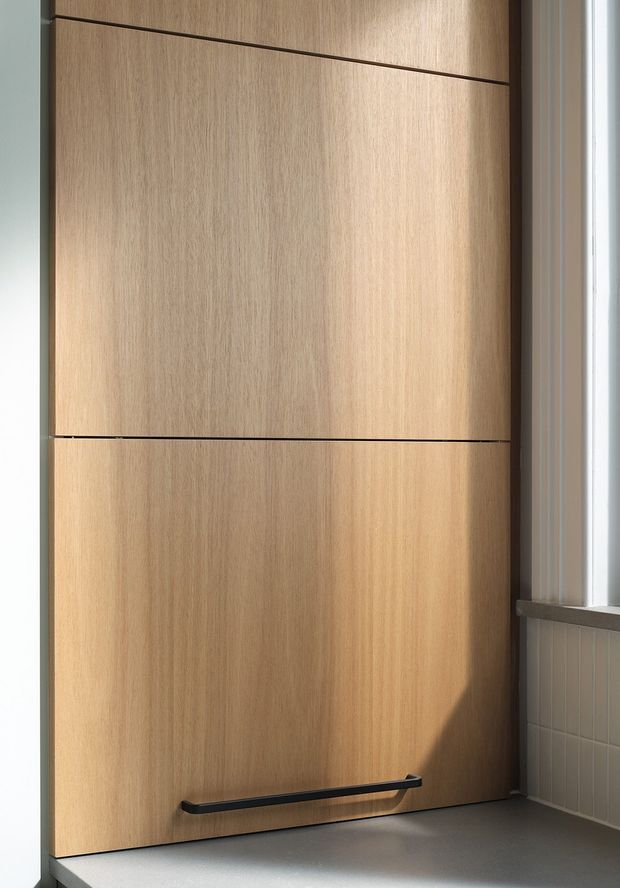 Close-up view of a tall, minimalist timber-faced built-in cabinet or integrated appliance panel. The light natural wood surface is divided by fine horizontal reveals and has a long black recessed-style handle near the base. A small section of pale tiled wall, window trim, and grey benchtop or sill is visible at the right edge.