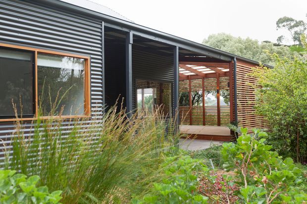 Exterior view of a contemporary single-storey dwelling set within dense landscaped planting. The facade combines dark horizontal corrugated cladding with timber-framed glazing and a recessed covered outdoor passage or porch. A timber pergola and horizontal timber screening define the entrance and sheltered outdoor area, while ornamental grasses and shrubs soften the building edges.