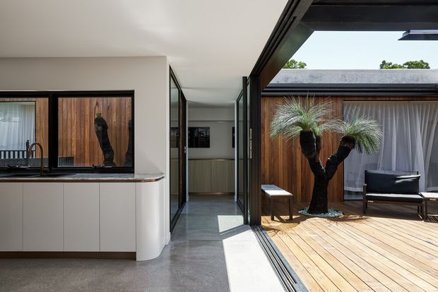 A contemporary open-plan interior opening directly onto a private timber deck courtyard. The foreground shows a minimalist kitchen with pale cabinetry, a dark benchtop, black-framed glazing and a sculptural curved end panel. Full-height sliding glass doors connect the kitchen and circulation space to a timber-clad courtyard with outdoor seating and a distinctive multi-trunk planting feature. The composition is bright, clean and strongly indoor-outdoor in character.