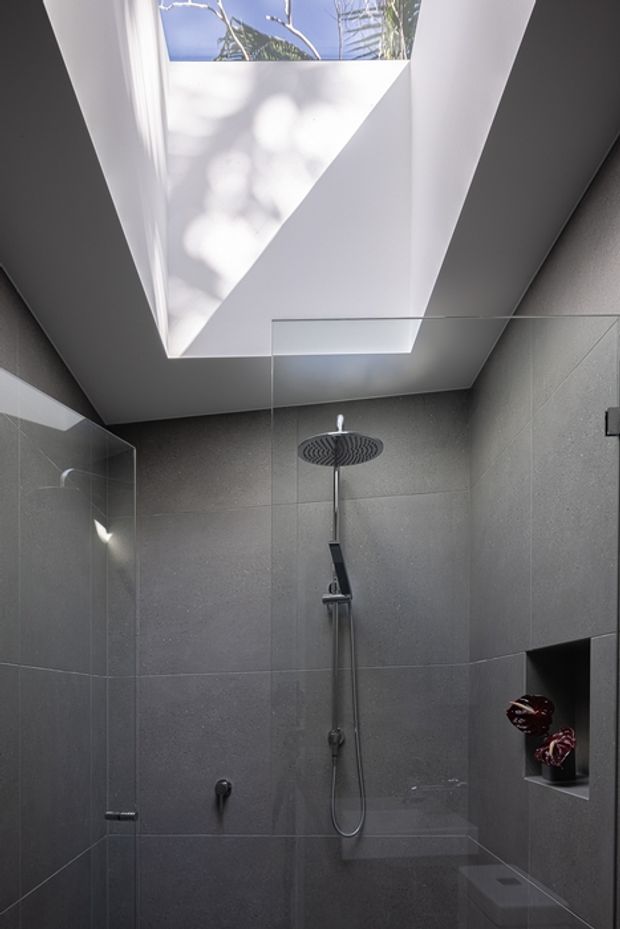 A contemporary walk-in shower enclosed by clear glass, with dark grey tiled walls, a black rain shower and handheld fixture, and a recessed wall niche. A large skylight above brings in natural light and casts organic shadows across the white ceiling and wall surfaces.