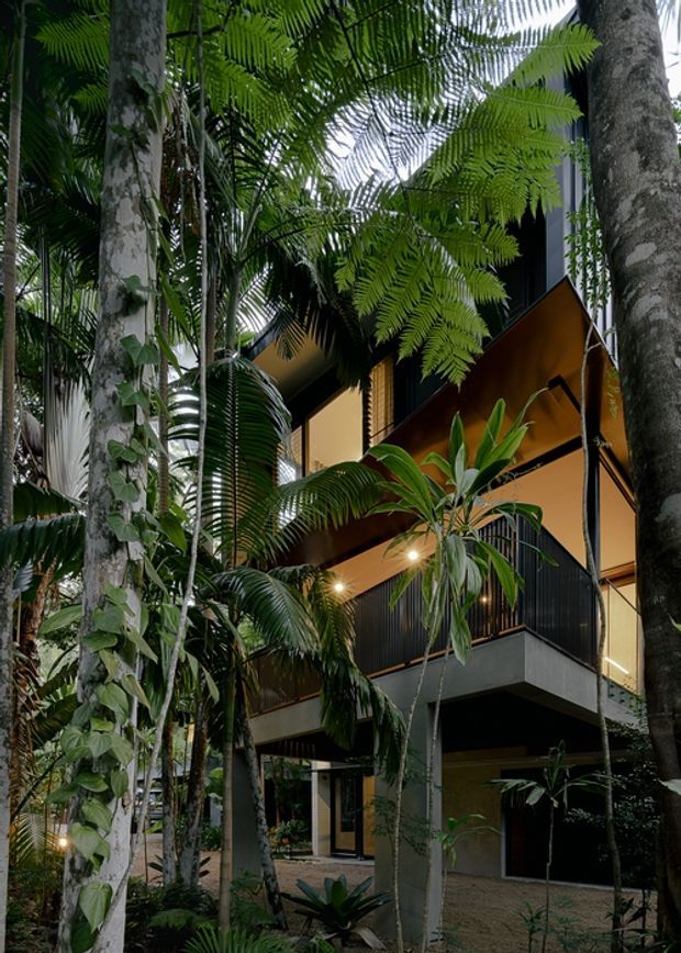 A multi-storey contemporary building is partially concealed within dense tropical landscaping. The facade features dark vertical cladding, warm ochre-gold panels, broad balconies, black-framed glazing, and exposed concrete elements, creating a layered urban structure integrated into a lush garden setting.
