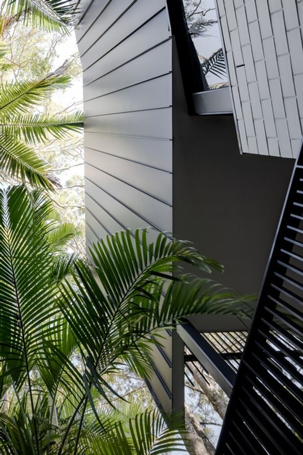 Upward-looking view of a contemporary building exterior framed by lush palm foliage. The facade combines white horizontal cladding, white rectangular masonry or panel elements, dark charcoal structural walls, black-framed glazing, and a black louvred screen or stair element. The composition emphasizes verticality, layered facade planes, and integration with tropical landscaping.