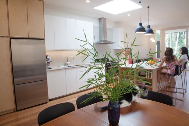 Bright open-plan kitchen and dining area with white flat-panel cabinetry, stainless-steel appliances, a central island with bar seating, timber flooring, and a large timber dining table. Pendant lights, a skylight, and indoor plants add warmth and natural light; a living area is visible beyond the kitchen.