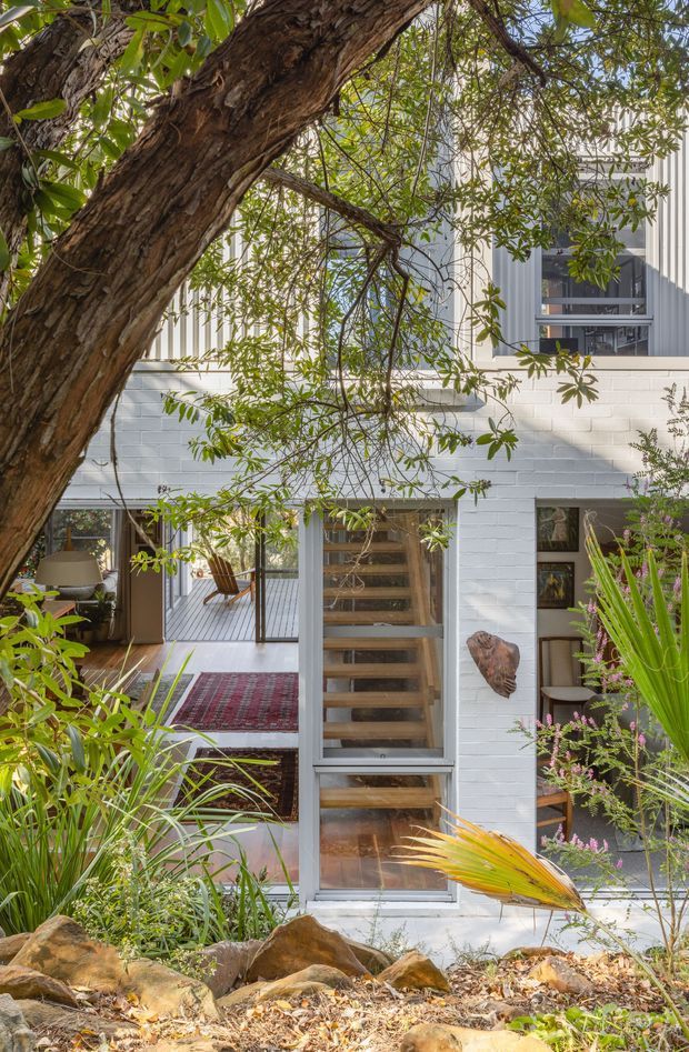 Exterior view of a contemporary multi-level home partially screened by a mature tree and landscaped garden. The facade combines white-painted masonry at ground level with light grey vertical cladding above, large glazed openings, and a central glazed stairwell revealing timber stairs. The garden includes rocks, ornamental grasses and leafy planting, while interior furnishings are visible through the openings.